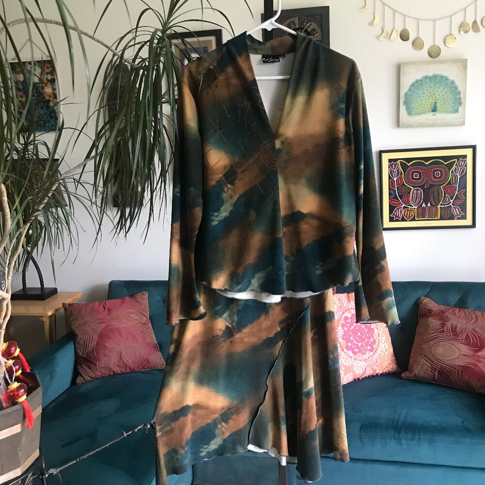 KD SPRING sz M Wearable Art Teal Brown & Tan Asymmetric Skirt & Top 2 Pc Set